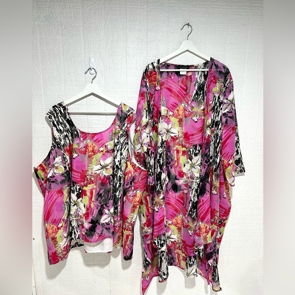 Ulla Popken two piece kimono and tank set floral multicolor size 32/34 - Picture 1 of 12